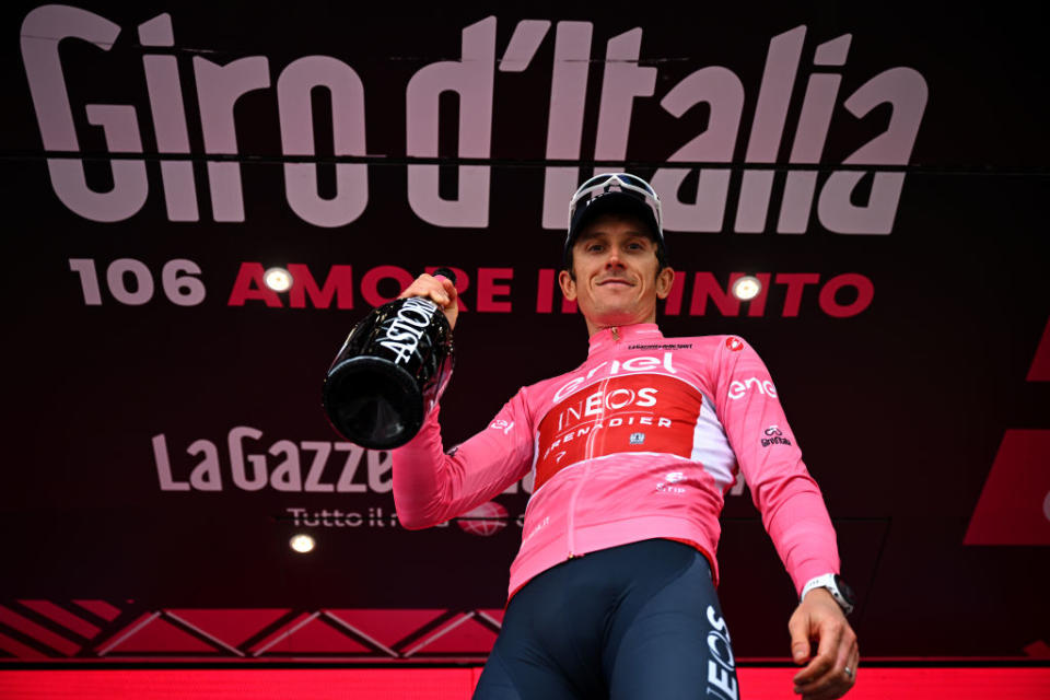CRANSMONTANA SWITZERLAND  MAY 19 Geraint Thomas of The United Kingdom and Team INEOS Grenadiers  Pink Leader Jersey celebrates at podium during the 106th Giro dItalia 2023 Stage 13 a 75km stage from Le Chable to CransMontana  Valais 1456m  Stage shortened due to the adverse weather conditions  UCIWT  on May 19 2023 in CransMontana Switzerland Photo by Stuart FranklinGetty Images