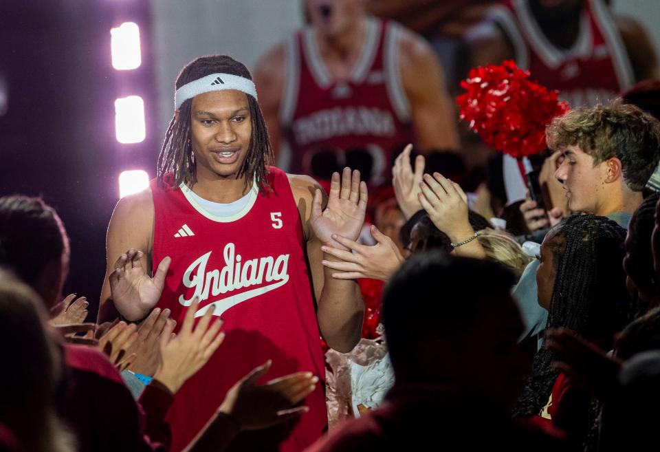 Indiana's Malik Reneau is announced during Hoosier Hysteria at Simon Skjodt Assembly Hall on Friday, October 20, 2023.