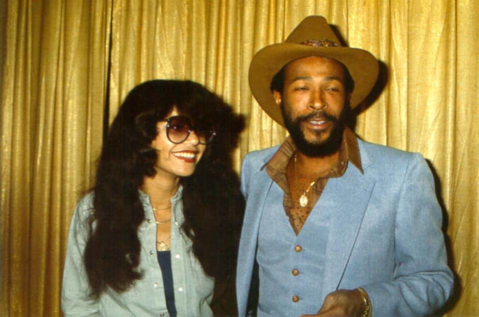 R&B singer Marvin Gaye poses for a portrait at an event with his wife Janis Gaye on Oct. 31, 1977, in Los Angeles. (Photo by Michael Ochs Archives/Getty Images)