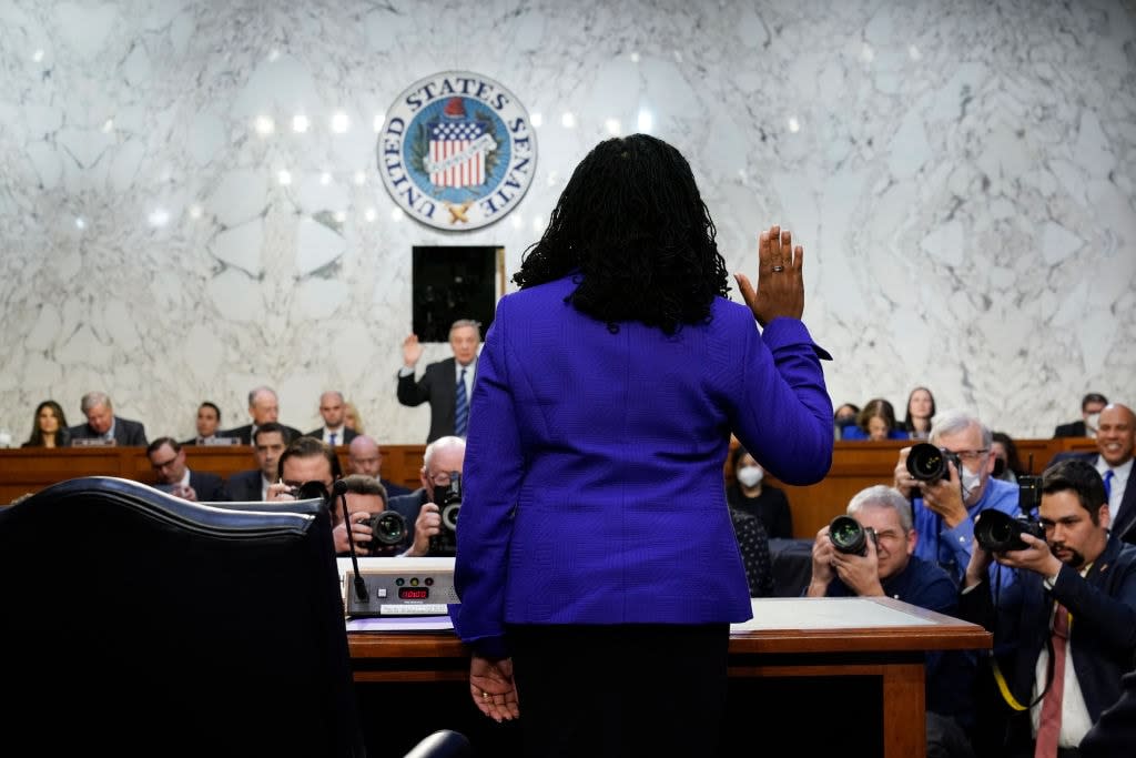 Supreme Court nominee Judge Ketanji Brown Jackson is sworn in during the Senate Judiciary confirmation hearing on Capitol Hill March 21, 2022 in Washington, DC. (Photo by Mandel Ngan-Pool/Getty Images)