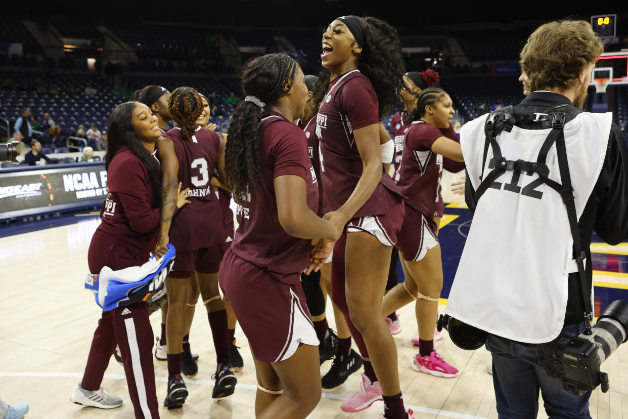 The Mississippi State Bulldogs celebrate after beating Creighton in the first round of the NCAA women's tournament on March 17, 2023 in South Bend, Indiana. (Marcus Snowden/Icon Sportswire via Getty Images)