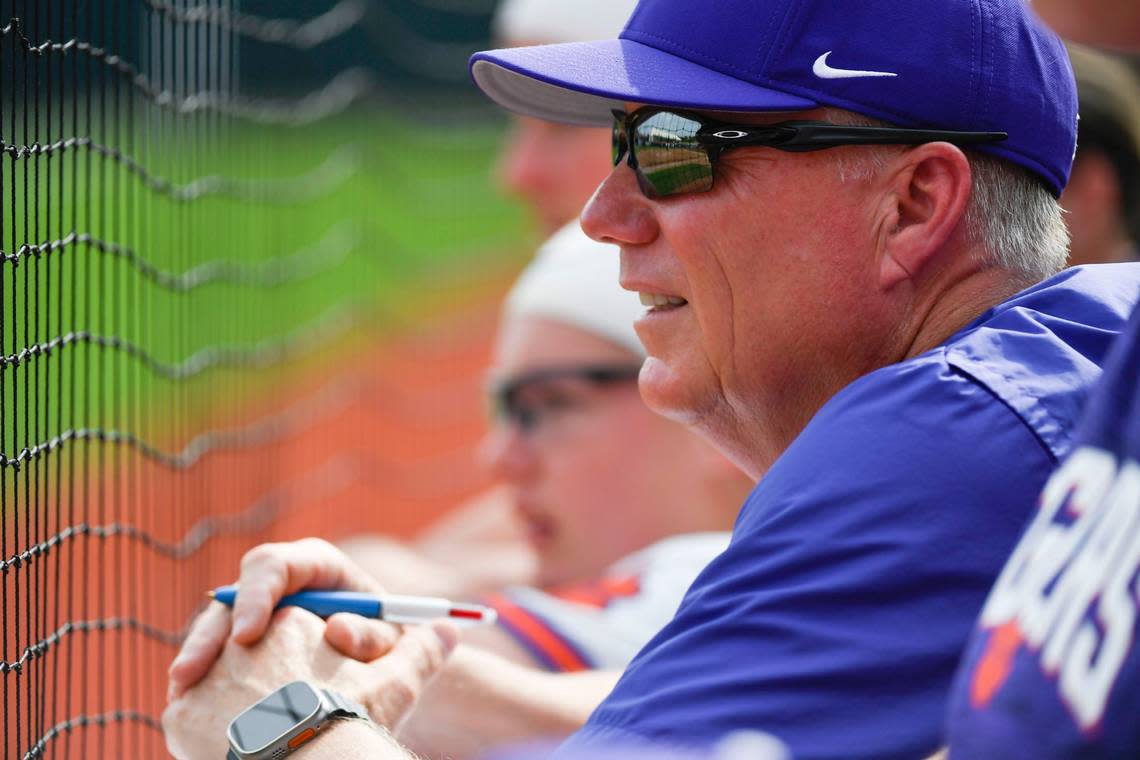 Clemson head coach John Rittman watches on during a game against FSU that result in a 0-7 loss for Clemson at McWhorter Stadium on Thursday, April 6, 2023. MCKENZIE LANGE/USA TODAY NETWORK