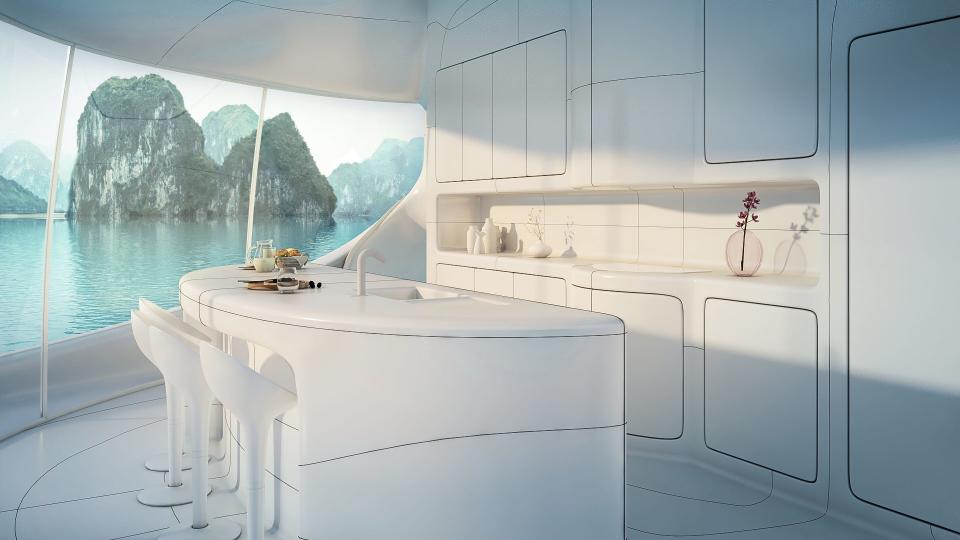 A rendering of a SeaPod kitchen and seating. A drone delivery system will be launched to provide people with high-speed pick-up and drop service for items like food, medicines and other supplies.