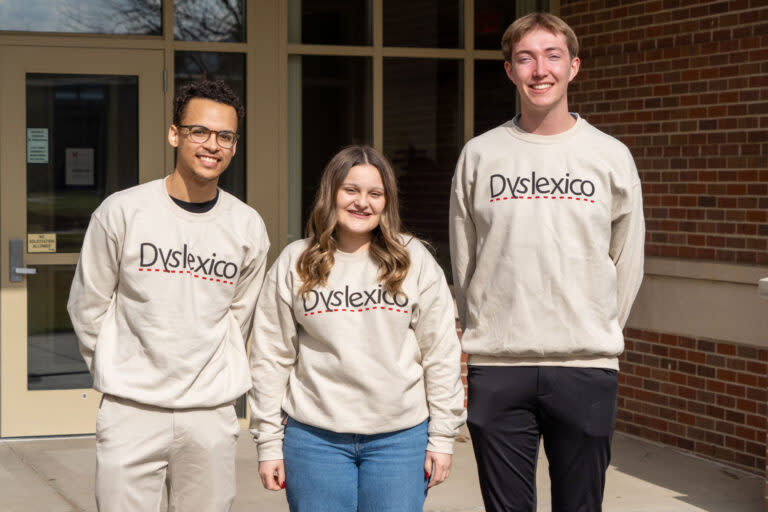 Members of the Dyslexico team at the Unviersity of Nebraska-Lincoln, from left: Tristan Curd, Bridget Peterkin and Nick Lauver on Feb. 9, 2024, in Lincoln. (Zach Wendling/Nebraska Examiner)