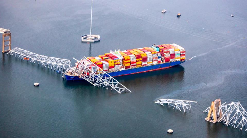 PHOTO: In an aerial view, cargo ship Dali is seen after running into and collapsing the Francis Scott Key Bridge, Mar. 26, 2024 in Baltimore. (Tasos Katopodis/Getty Images)