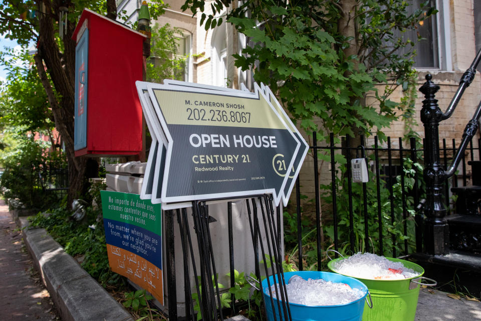 WASHINGTON, D.C. - JULY 12: Signs advertising an open house in the Shaw neighborhood of Washington, D.C. on Sunday, July 12, 2020. According to the realtor, the house at 933 Westminster St. NW is being listed for $2.35 million. (Photo by Amanda Andrade-Rhoades for The Washington Post via Getty Images)