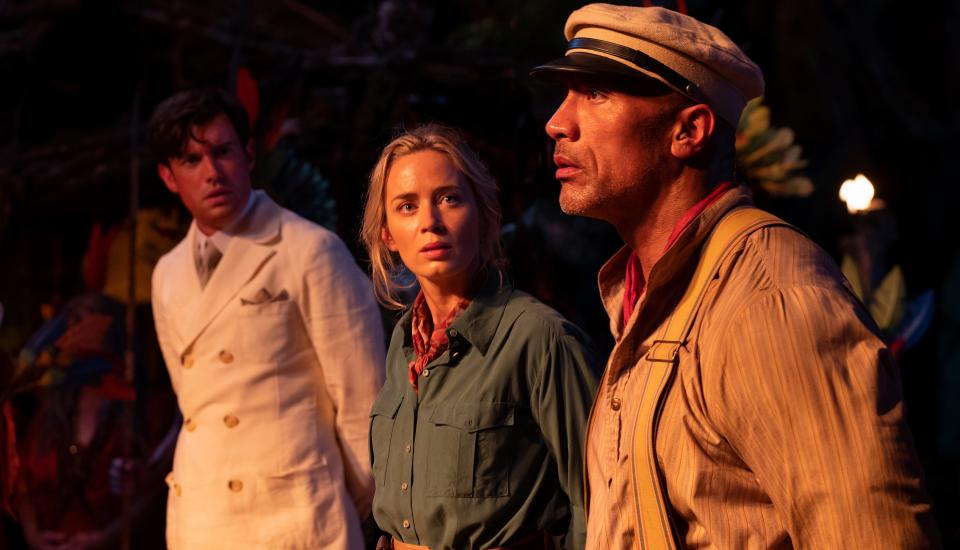 (L-R): Jack Whitehall as Macgregor, Emily Blunt as Lily and Dwayne Johnson as Frank in Disney’s ‘Jungle Cruise’ - Credit: Disney