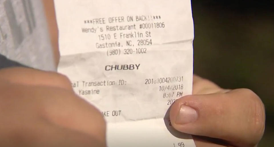 Jimmy Shue placed an order for a burger at Wendy’s in North Carolina on October 4 but when he was handed the receipt he saw the nickname “Chubby” was printed for his it. Source: WCNC