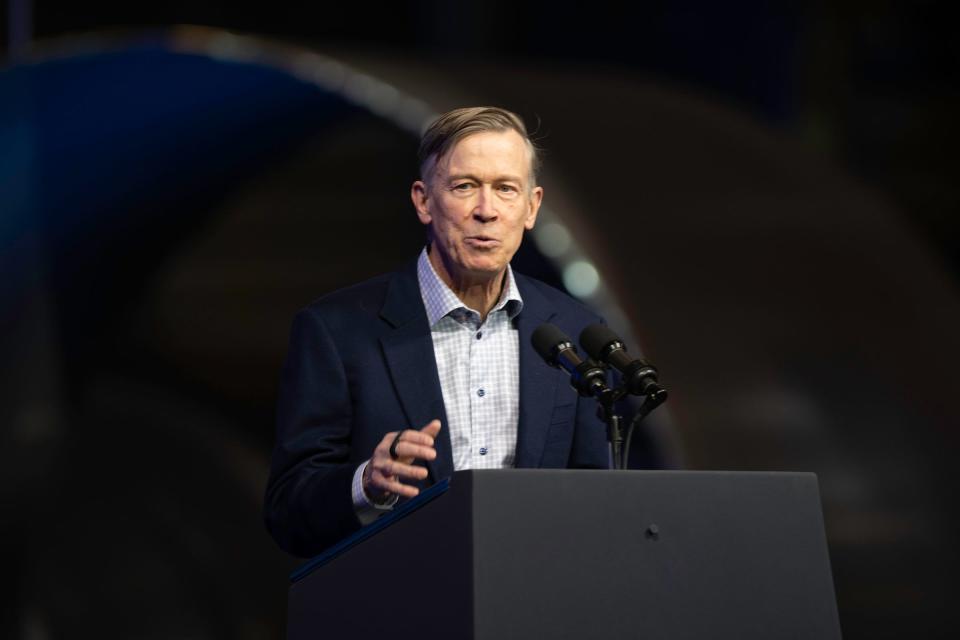 Sen. John Hickenlooper speaks during a visit from President Joe Biden at the CS Wind turbine factory in Pueblo on Wednesday, November 29, 2023.