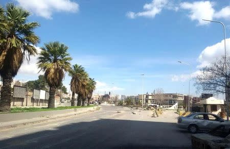 A view shows an empty street near the Abbasiyin area in the east of the capital Damascus, in this handout picture provided by SANA on March 20, 2017, Syria. SANA/Handout via REUTERS