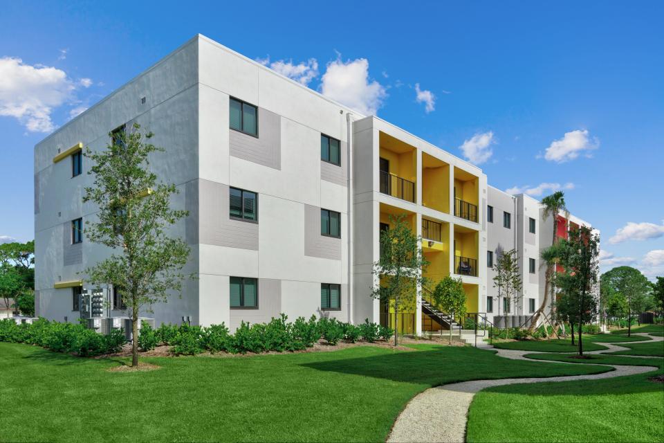Renco USA build Lakewood Village, a complex of 96 apartments, in Palm Springs, Florida, using a special composite material designed to last decades and to withstand hurricanes. The LEGO-style block process cut construction time by weeks, officials say.