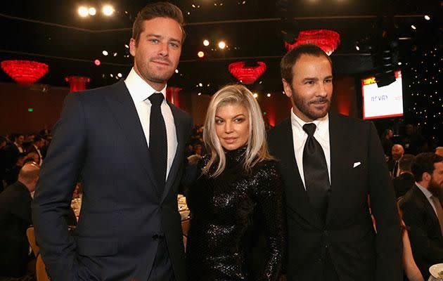 Fergie joked she was actually Armie Hammer (L) before making a strange dedication to honouree Tom Ford (R). Source: Getty