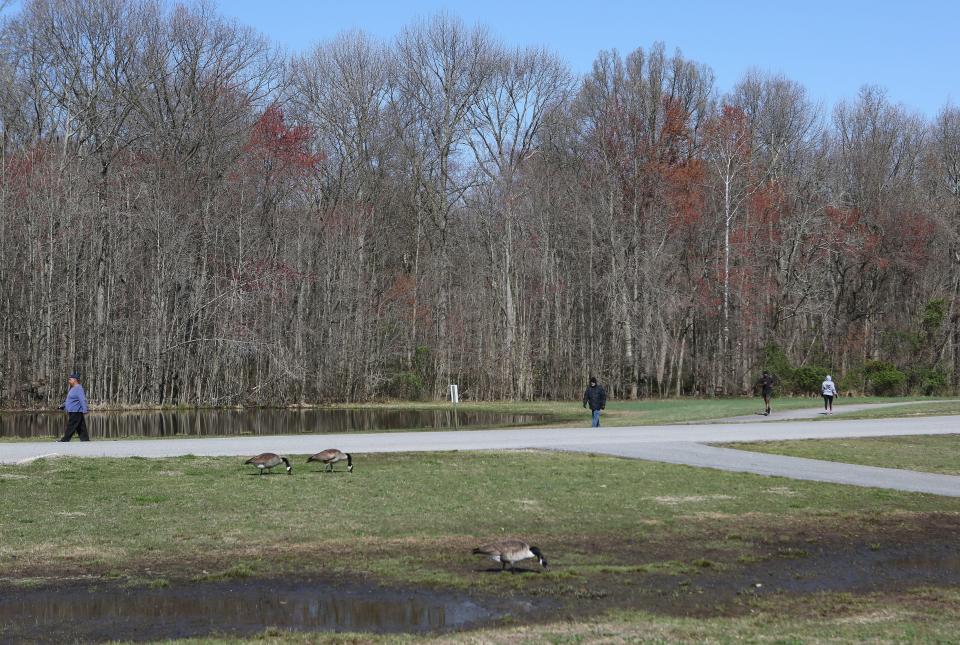 People enjoy the walking trails at Glasgow Park in 2020.