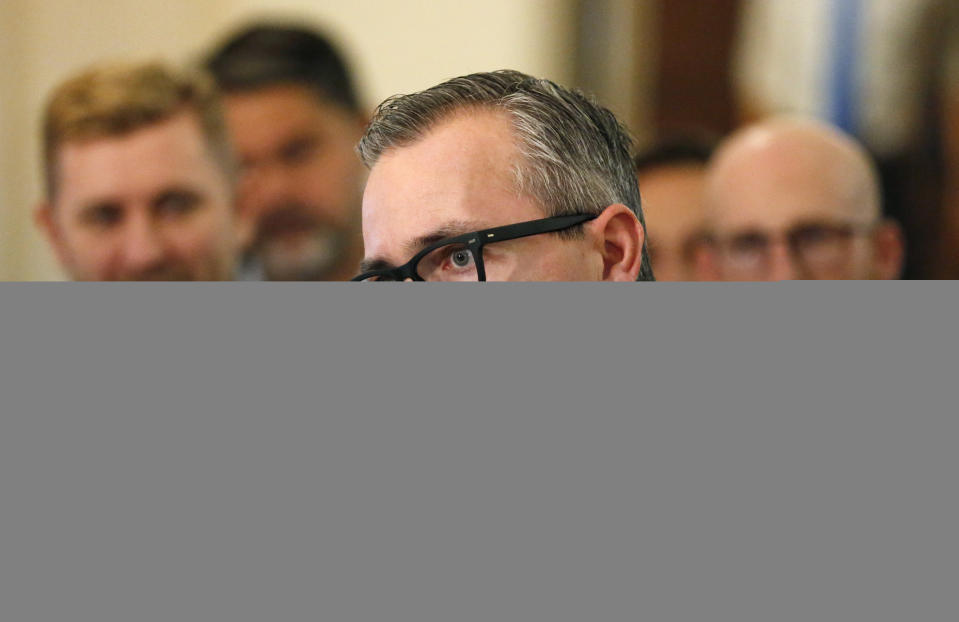 Republican Rep. Dan McCay speaks during a news conference at the Utah State Capitol Thursday, Feb. 21, 2019, in Salt Lake City. Two Republican lawmakers are pushing to ban gay conversion therapy for minors in conservative Utah with a proposal that's being hailed as a milestone by advocates and won't be opposed by the influential Mormon church. McCay acknowledged he wasn't a typical sponsor for such a measure, but he said he wants it help support LGBT youth in a state that's seen a recent spike in youth suicide. (AP Photo/Rick Bowmer)