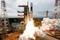 India's Geosynchronous Satellite Launch Vehicle Mk III-M1 blasts off carrying Chandrayaan-2 from the Satish Dhawan space centre at Sriharikota