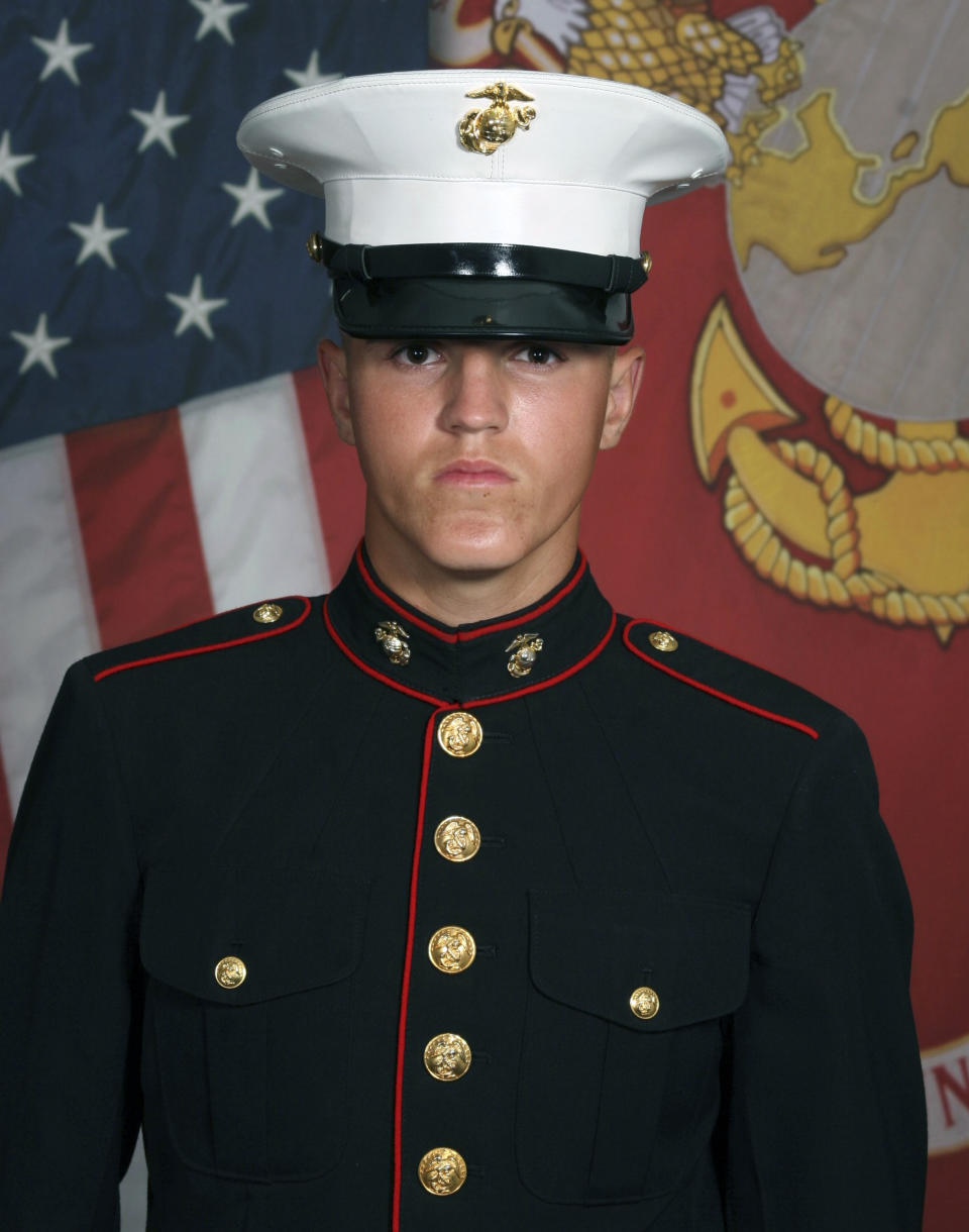 This undated photo released by the 1st Marine Division, Camp Pendleton/U.S. Marines shows Marine Corps Lance Cpl. Rylee J. McCollum, 20, of Jackson, Wyo Eleven Marines, one Navy sailor and one Army soldier were among the dead, while 18 other U.S. service members were wounded in Thursday Aug. 26, bombing, which was blamed on Afghanistan's offshoot of the Islamic State group. (U.S. Marines via AP)
