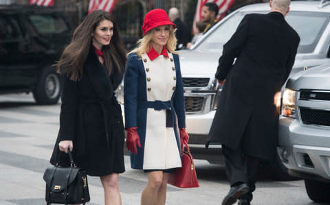 Hope Hicks with Kellyanne Conway at the Inauguaration in January - Credit: Getty