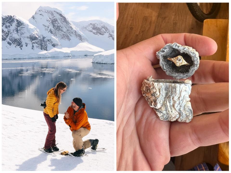 On the left, a man proposing to a woman. On the right, a gold ring in a rock.