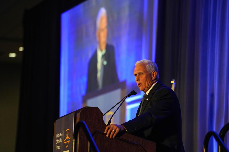 Former Vice President Mike Pence speaks at the Center for Christian Virtue's 2023 Cincinnati Celebration Gala at the Duke Energy Convention Center on Tuesday