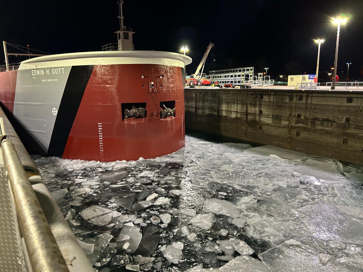 The Edwin H. Gott was the first freighter to come through the Poe Lock for the 2023 shipping season at midnight on March 24.