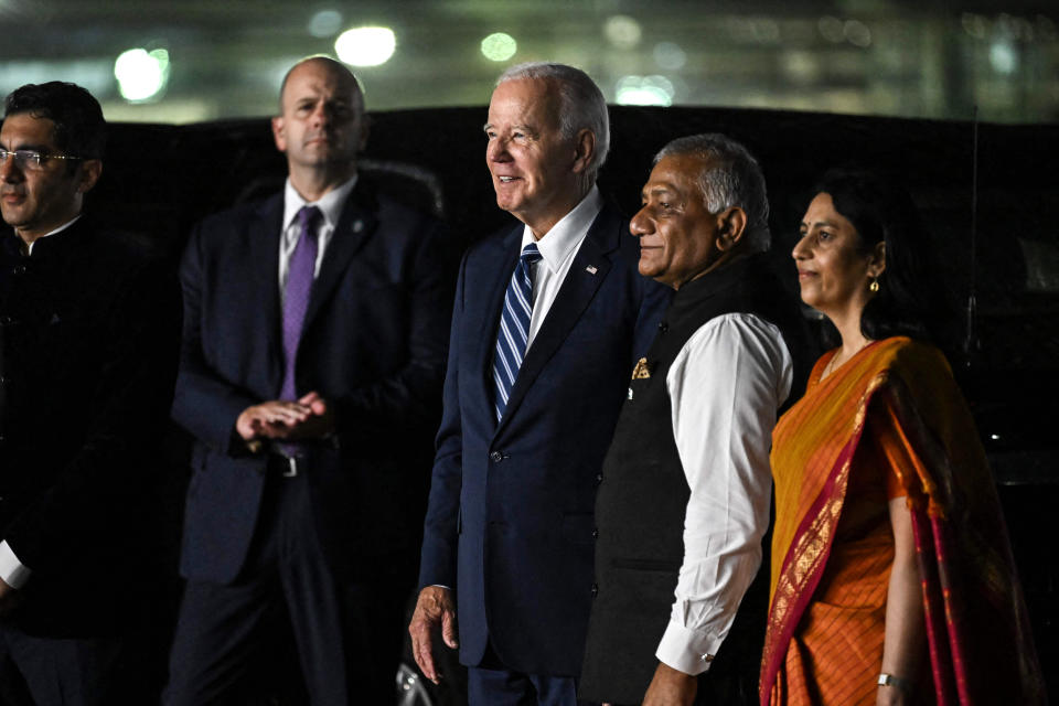 Image: President Joe Biden arrives at the airport on the eve of the two-day G20 summit in New Delhi on Sept. 8, 2023.  (Saul Loeb / AFP - Getty Images)