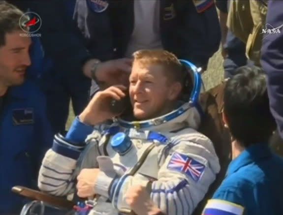 British astronaut Tim Peake makes call after returning to Earth aboard a Soyuz TMA-19M space capsule, which landed in Kazakhstan on June 18, 2016 to end a six-month flight to the International Space Station.