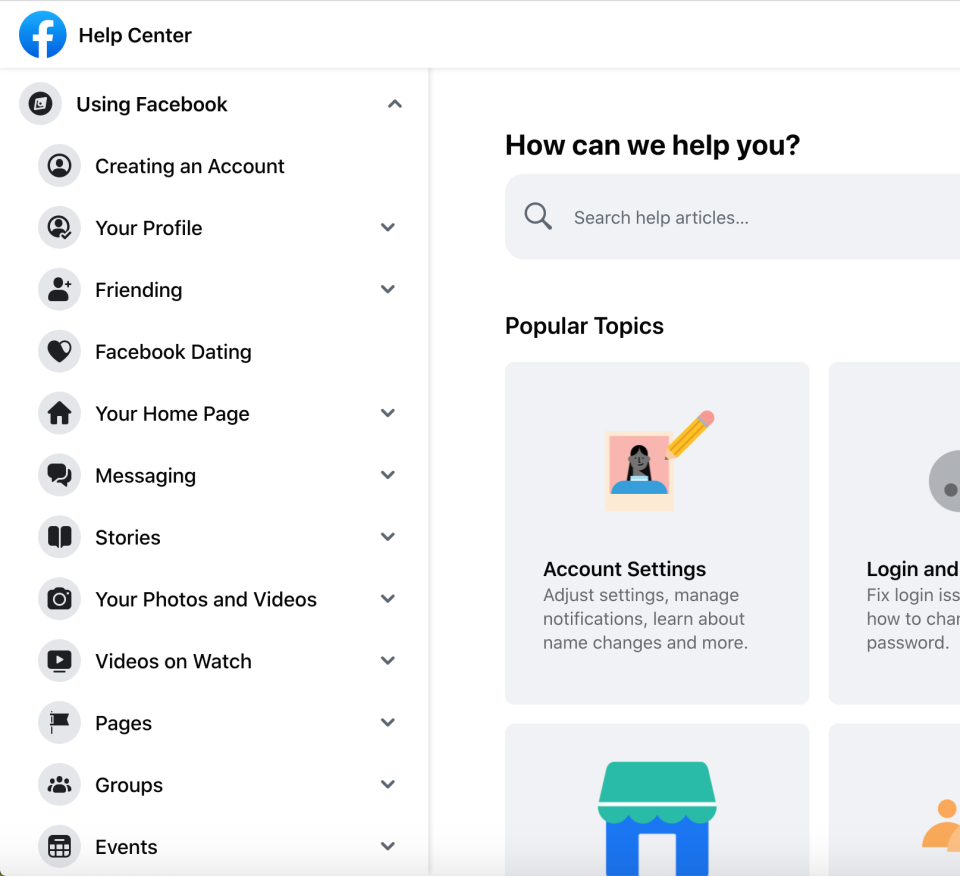 Using Facebook Help Center section