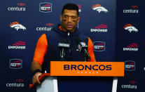 Denver Broncos quarterback Russell Wilson speaks during a news conference after an NFL football game at Empower Field at Mile High, Sunday, Dec. 24, 2023, in Denver. (AP Photo/David Zalubowski)