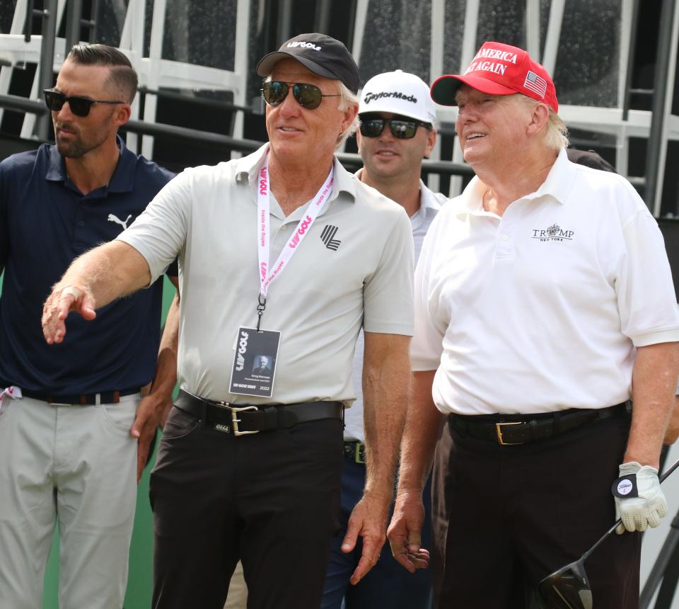 Trump arrives at the first tee and is greeted by Greg Norman at the start of the Pro Am at Bedminster.

Xxx 072822 Bedminster 0565 Jpg Nj