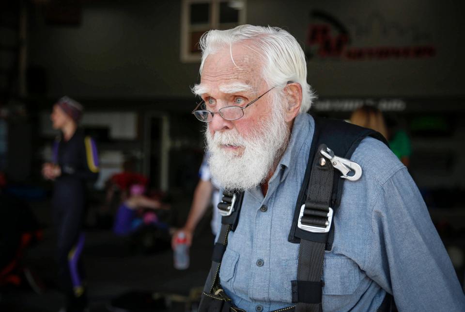 Ronald Mason, 100, of West Des Moines, looks out over the Winterset airport in Saturday, June 1, 2019, moments before fulfilling his lifelong dream of skydiving.