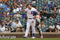 Chicago Cubs' Patrick Wisdom (16) reacts after striking out against the San Francisco Giants during the eighth inning of a baseball game, Saturday, Sept. 11, 2021, in Chicago. (AP Photo/Kamil Krzaczynski)