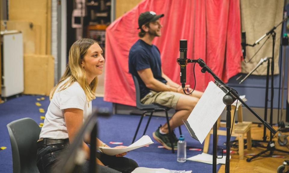 Hollie Chapman (Alice Carter) and Wilf Scolding (Chris Carter) recording The Archers, August 2020.