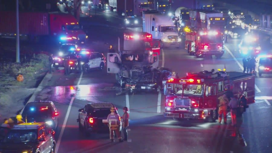 At least four people were transported to trauma centers after a fiery crash at the end of a pursuit in Long Beach, authorities said. (KNN)