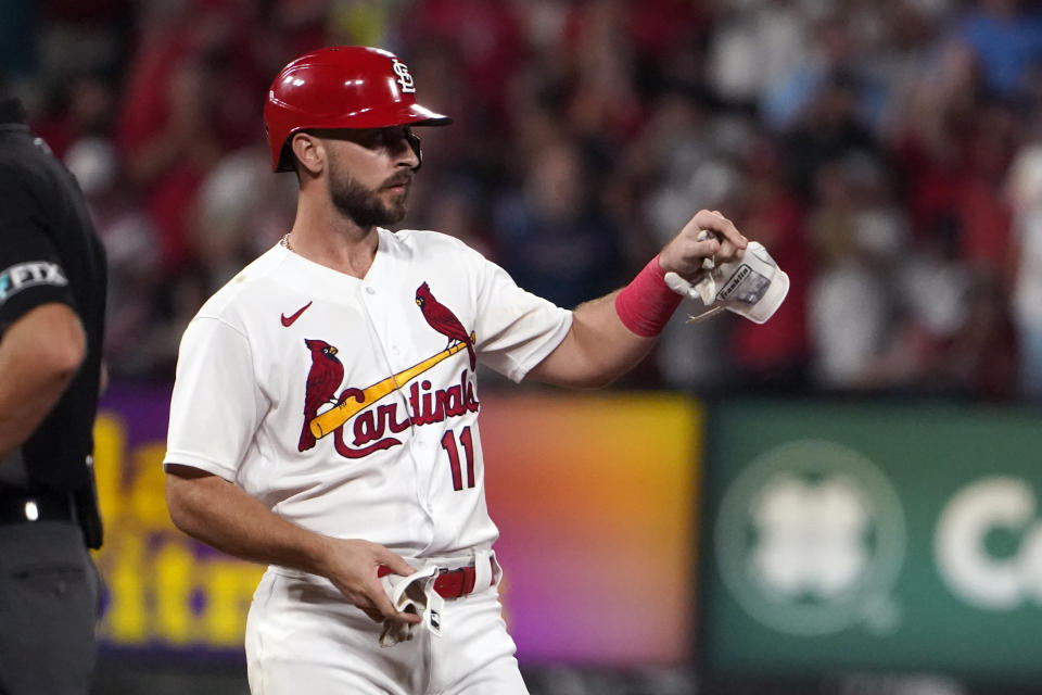 St. Louis Cardinals' Paul DeJong stands on second after hitting a two-run double during the eighth inning of a baseball game against the New York Yankees Friday, Aug. 5, 2022, in St. Louis. (AP Photo/Jeff Roberson)