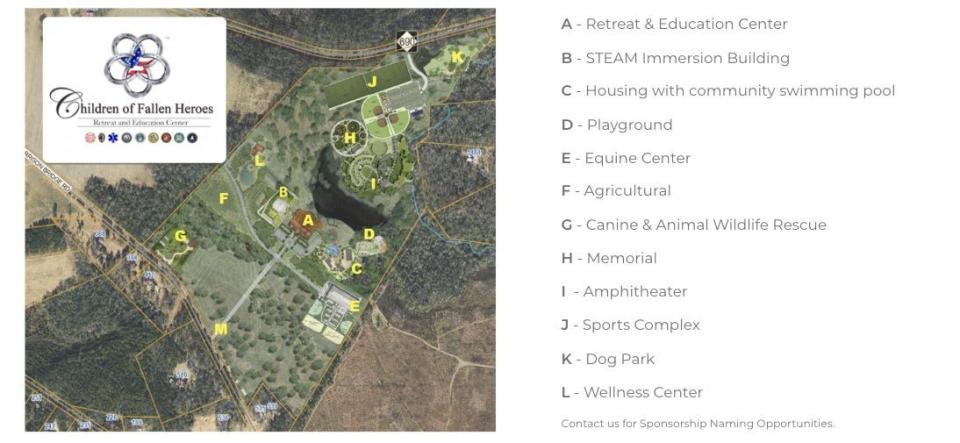 A map shows where a Science, Technology, Engineering, Arts and Math building and tiny home retreat for Children of Fallen Heroes in Moore County will be located.