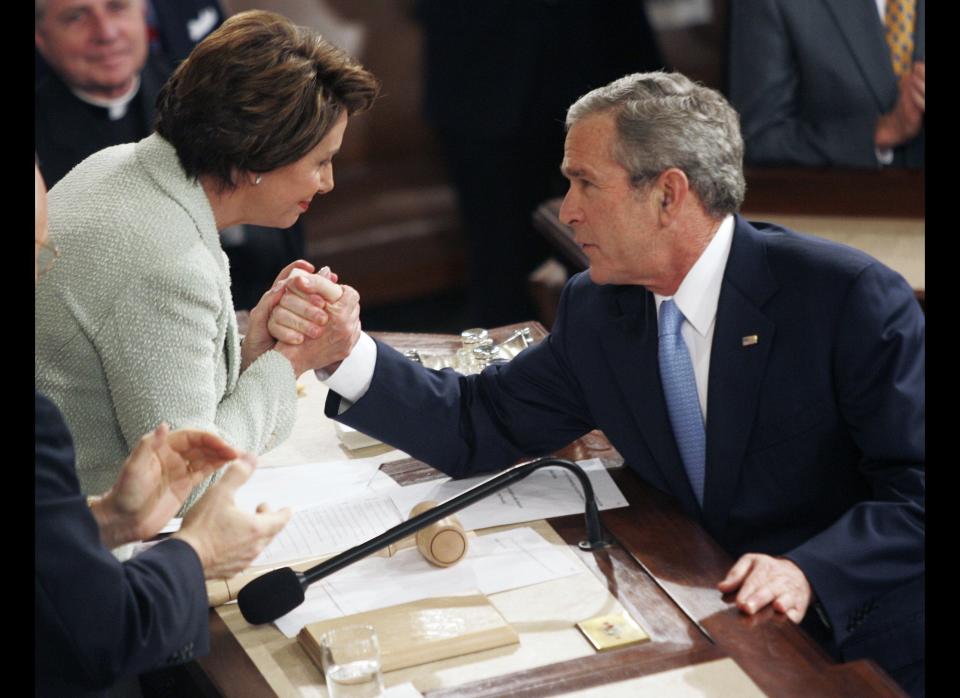 In his <a href="http://www.c-spanarchives.org/program/196277-2" target="_hplink">2007 address</a>, President Bush began his speech on a bipartisan foot by commending new Speaker of the House Nancy Pelosi (D-Calif.), saying "I congratulate the Democrat majority."     By eliminating the syllable "-ic" from the word "Democratic," Bush caused <a href="http://www.washingtonpost.com/wp-dyn/content/article/2007/01/24/AR2007012402469.html" target="_hplink">a stir</a> among liberals. The phrase "Democrat party" has long been an epithet used by Republicans to express contempt for their opponents.     However, it's unclear whether the omission was intentional. The text of Bush's speech said "Democratic party," suggesting that the use of the term was accidental. 