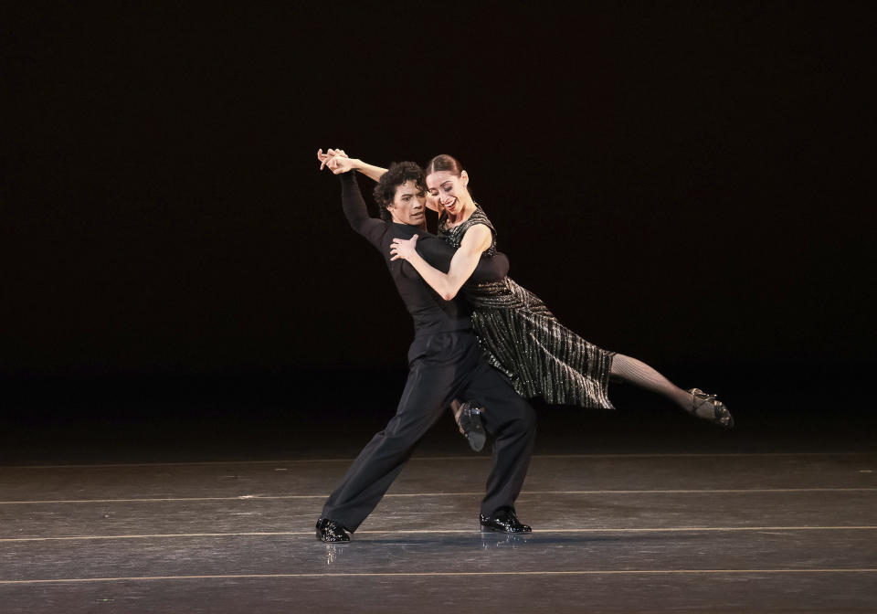 In this Saturday, Oct. 26, 2019, photo provided by the American Ballet Theatre, Erica Cornejo and Herman Cornejo perform in El Chamuyo during the celebration of Herman Cornejo's 20th Anniversary with American Ballet Theatre in New York. Cornejo has been a favorite of New York ballet audiences ever since he set foot on the American Ballet Theatre stage 20 years ago. (Kyle Froman via AP)