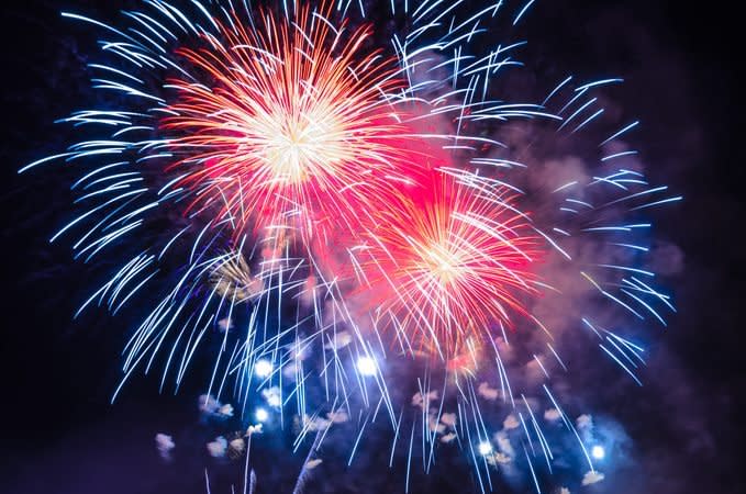 red, white, and blue fireworks on july 4th