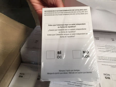 Confiscated ballots for the proposed October 1 referendum on independence are shown during a raid at a warehouse in Bigues i Riells outside Barcelona, Spain, September 20, 2017. Ministerio del Interior-Guardia Civil/Handout via Reuters