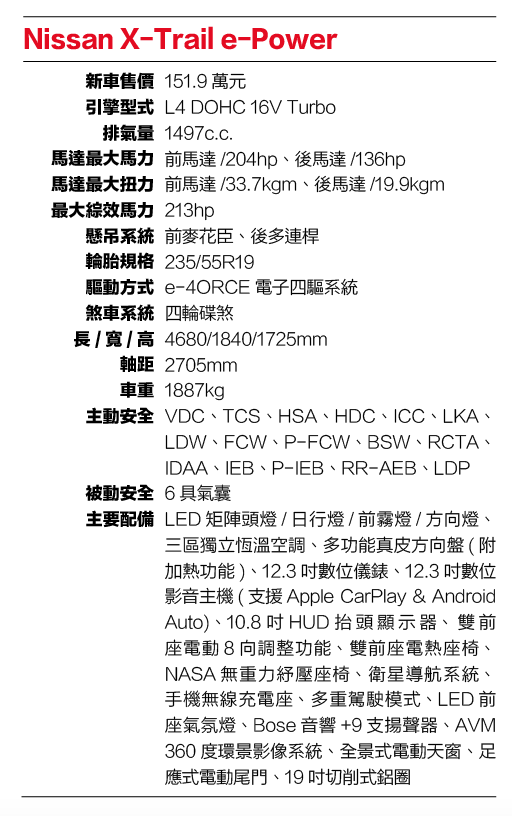 Nissan X-Trail e-Power 規格表