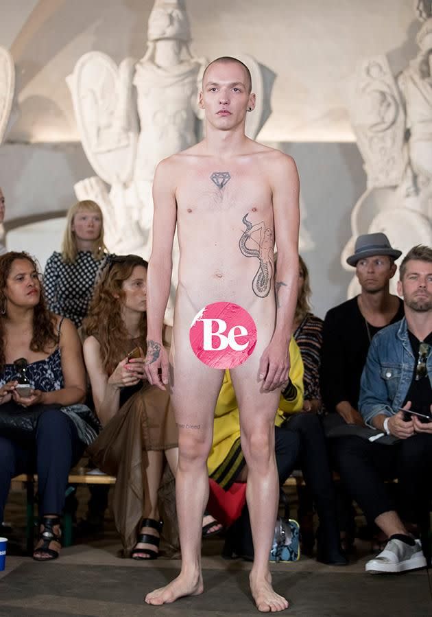 Wearing nothing but their birthday suits, the stream of models at Danish designer Nicholas Nybro’s show were his way of paying tribute to the human form in all its glory. Photo: Getty Images