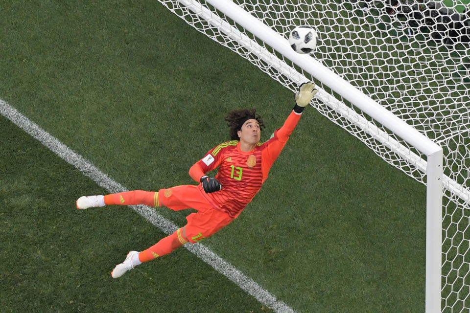 <p>Mexico’s goalkeeper Guillermo Ochoa in action during the Russia 2018 World Cup Group F football match between Germany and Mexico at the Luzhniki Stadium in Moscow on June 17, 2018. (Photo by Antonin THUILLIER / AFP) </p>