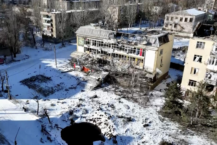 New video footage of Bakhmut shot from the air with a drone for The Associated Press shows how the longest battle of the year-long Russian invasion has turned the city of salt and gypsum mines in eastern Ukraine into a ghost town. The footage was shot Feb. 13. From the air, the scale of destruction becomes plain to see. Entire rows of apartment blocks have been gutted, just the outer walls left standing and the roofs and interior floors gone, exposing the ruins’ innards to the snow and winter frost – and the drone’s prying eye. (AP Photo)