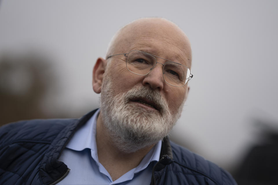 Frans Timmermans, leader of the center-left bloc of Labor and Green Left, talks during an interview when attending a gathering of tens of thousands of people who marched through Amsterdam, Netherlands, Sunday, Nov. 12, 2023, to call for more action to tackle climate change. The march came 10 days before national elections in the Netherlands. (AP Photo/Peter Dejong)