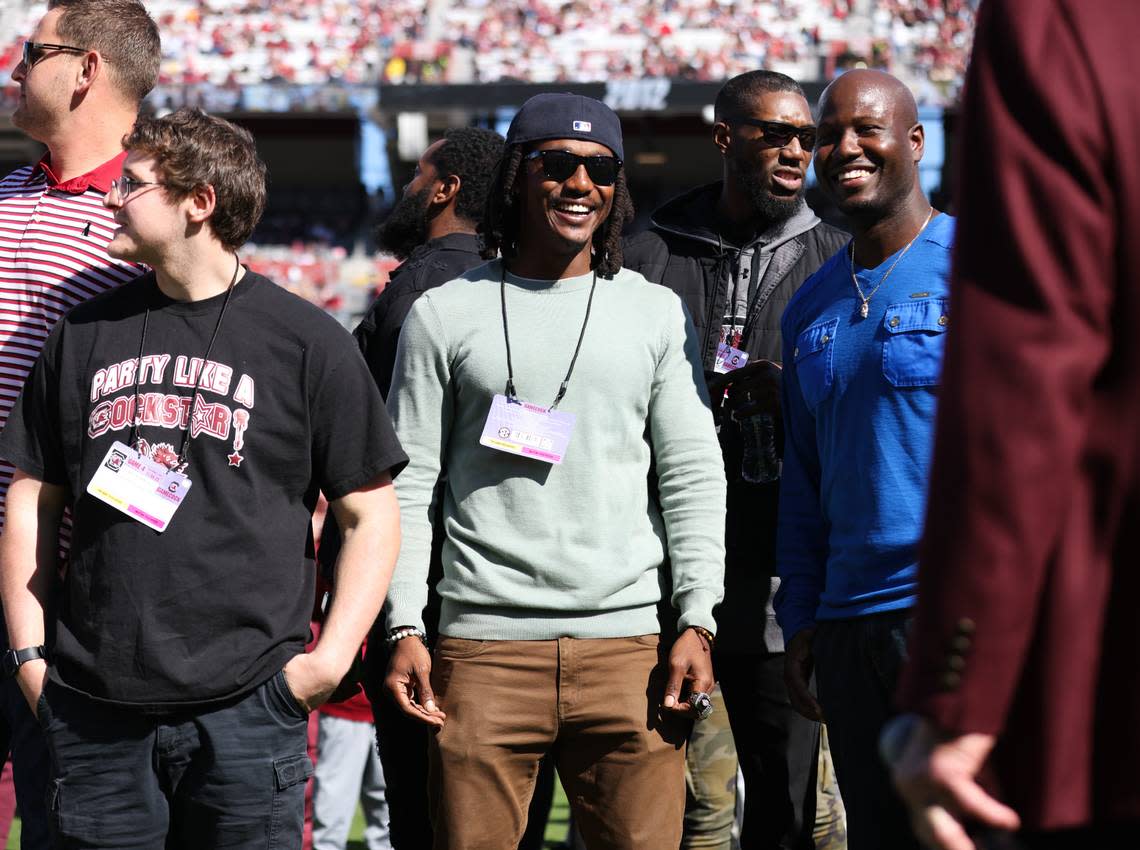 Former Gamecock players are recognized during halftime of the Gamecocks’ game at Williams-Brice Stadium in Columbia on Saturday, November 4, 2023.