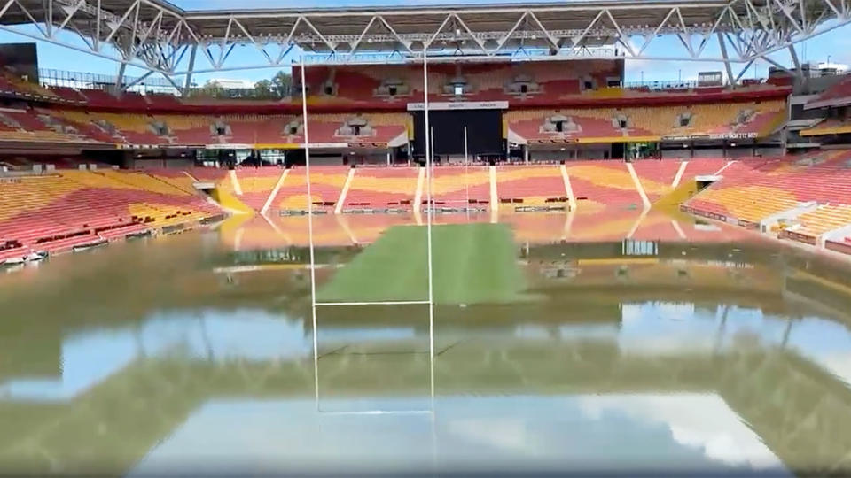 Seen here, Brisbane's Suncorp Stadium is encased in water from the QLD floods.