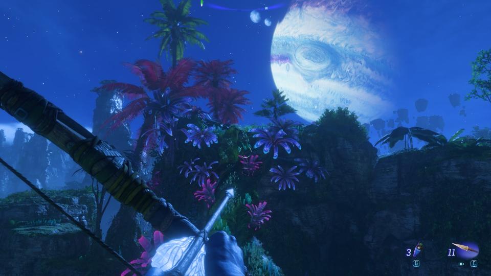 In Avatar: Frontiers of Pandora, the player looks up into the night sky towards the distant gas giant that Pandora orbits.