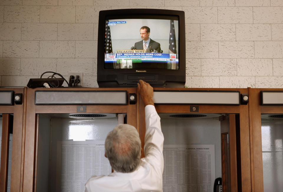 &nbsp;A television's volume is turned up in the House of Representatives Press Gallery on the third floor of the U.S. Capitol as former Rep. Anthony Weiner (D-NY) announces his resignation from Congress June 16, 2011 in Washington. Weiner resigned after a scandal erupted over lewd messages and photographs he sent to several women over Twitter.&nbsp;