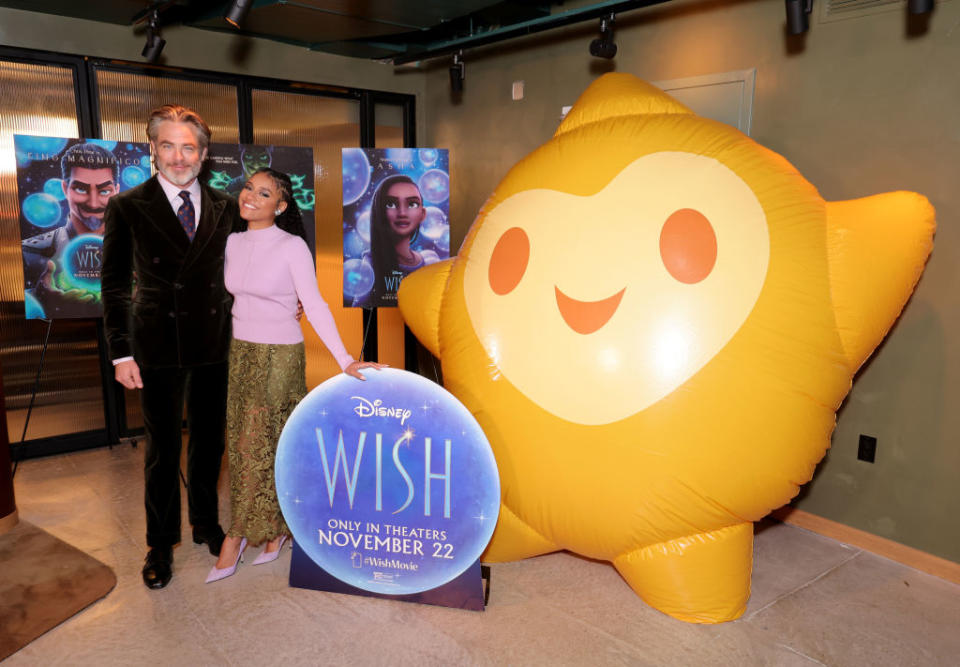 (L-R) "Wish" stars Chris Pine and Ariana DeBose at the New York special screening of the film on Nov. 15 in New York.