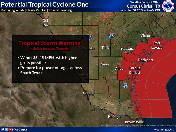 A map issued by the Corpus Christi office of the National Weather Service shows a wide swath of coastal areas under a tropical storm warning.